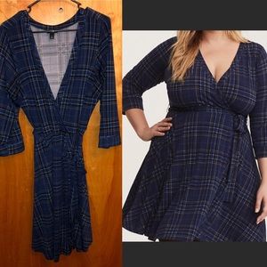Torrid blue plaid faux wrap dress